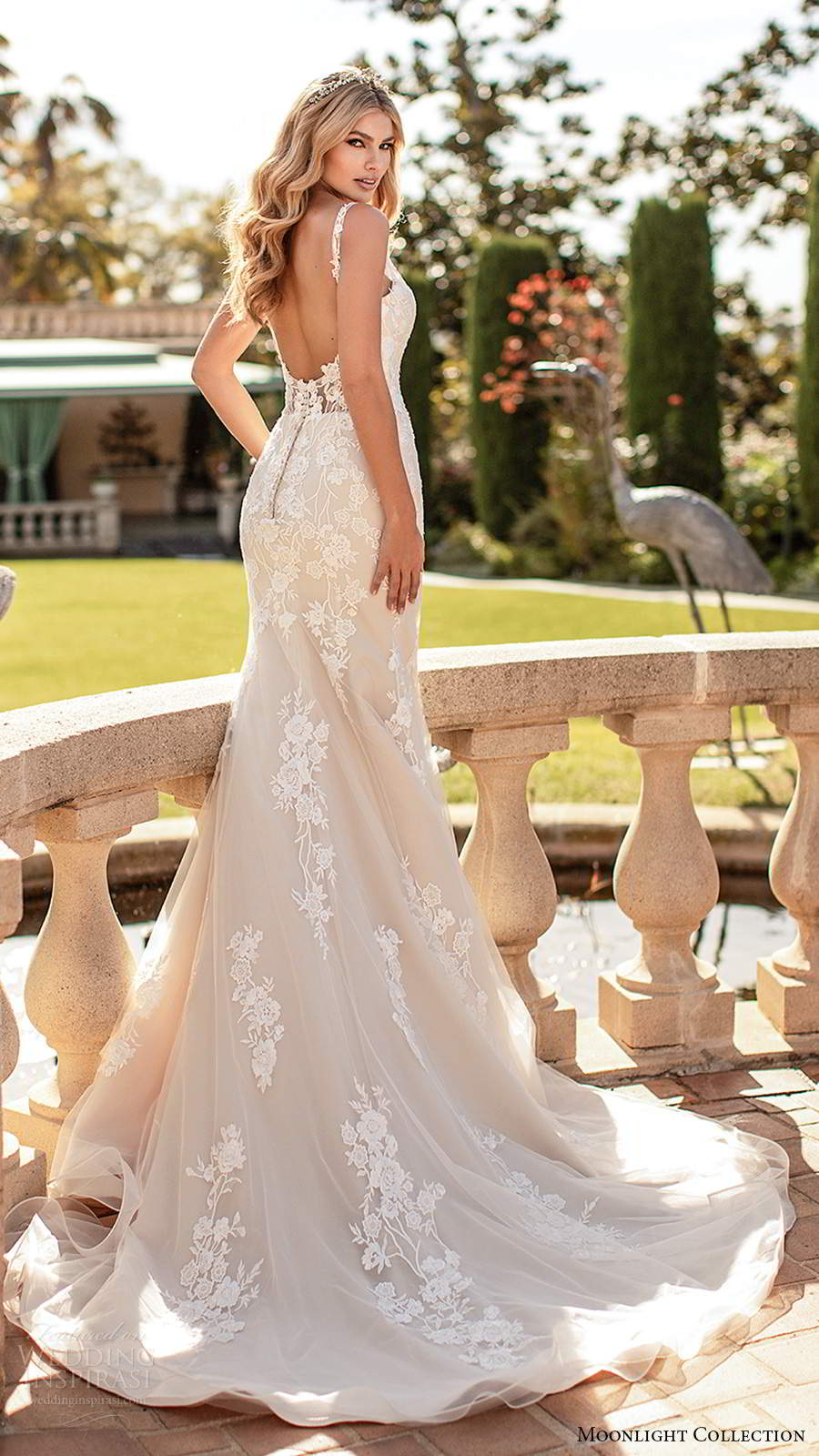 moonlight collection fall 2020 bridal sleeveless thin straps v neckline embellished bodice fit flare sheat a line wedding dress low back chapel train (12) bv