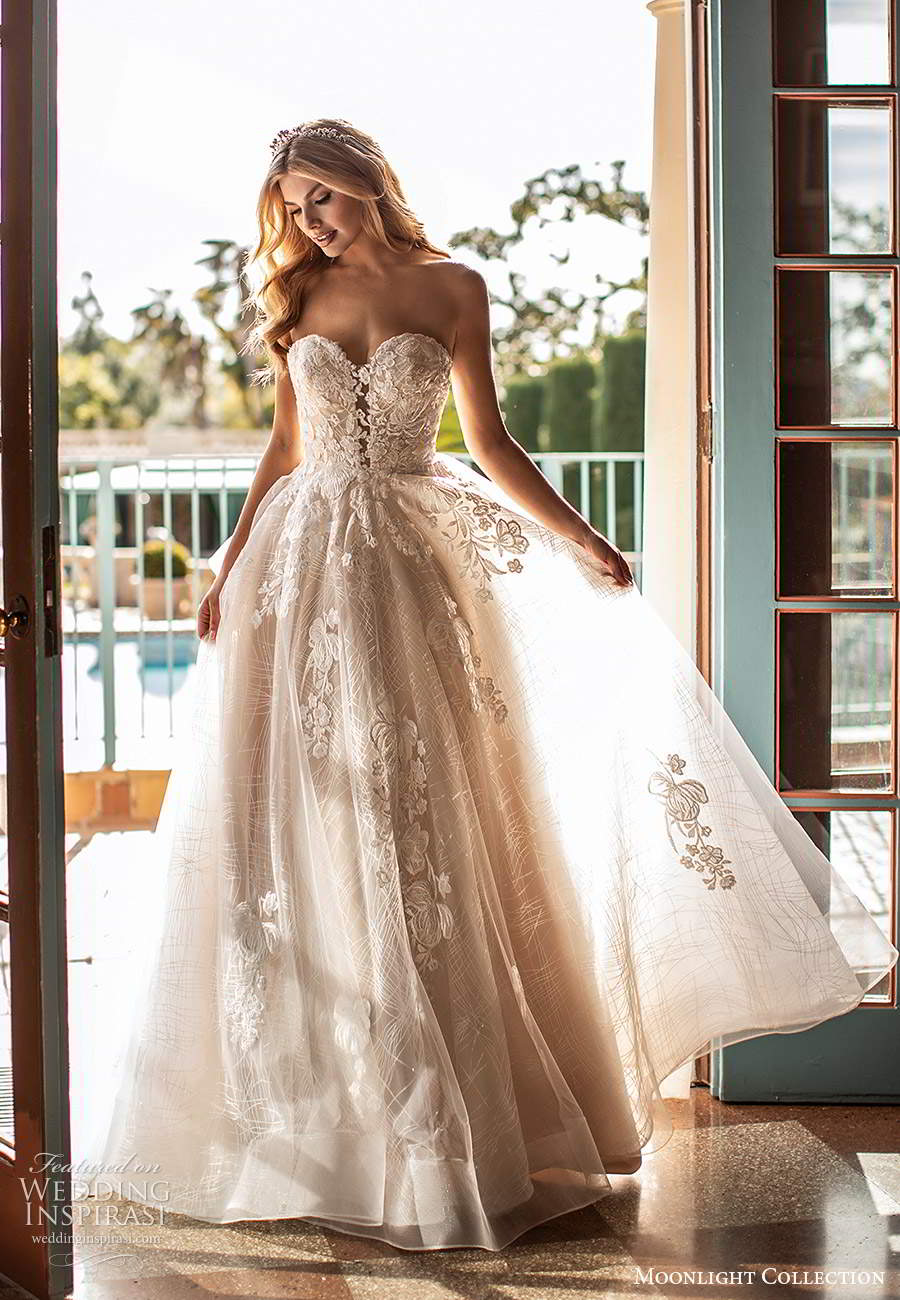 moonlight collection fall 2020 bridal strapless sweetheart neckline embellished a line ball gown wedding dress chapel train (1) mv