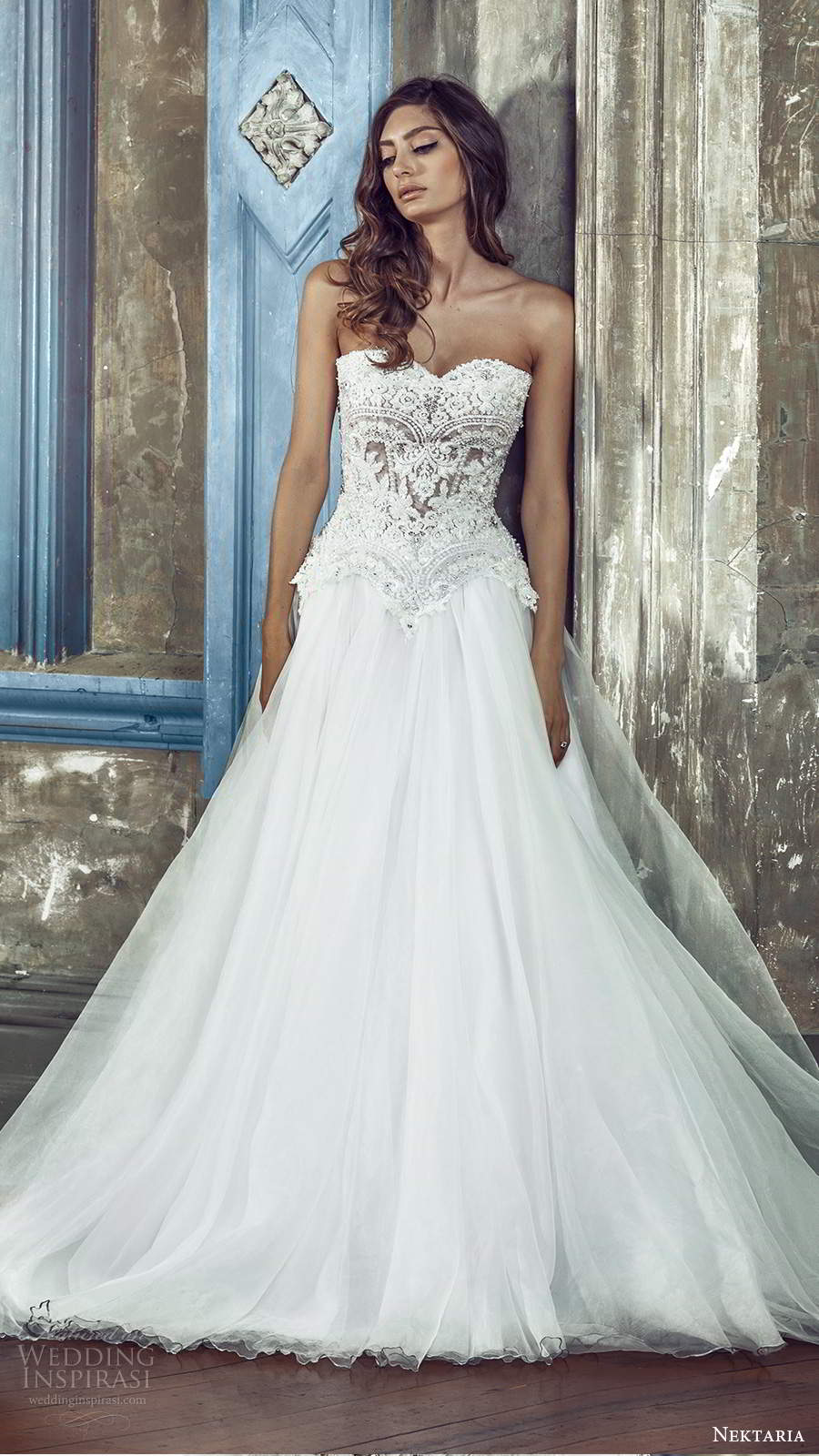 nektaria 2020 bridal strapless semi sweetheart embellished lace bodice a line ball gown wedding dress chapel train (6) mv