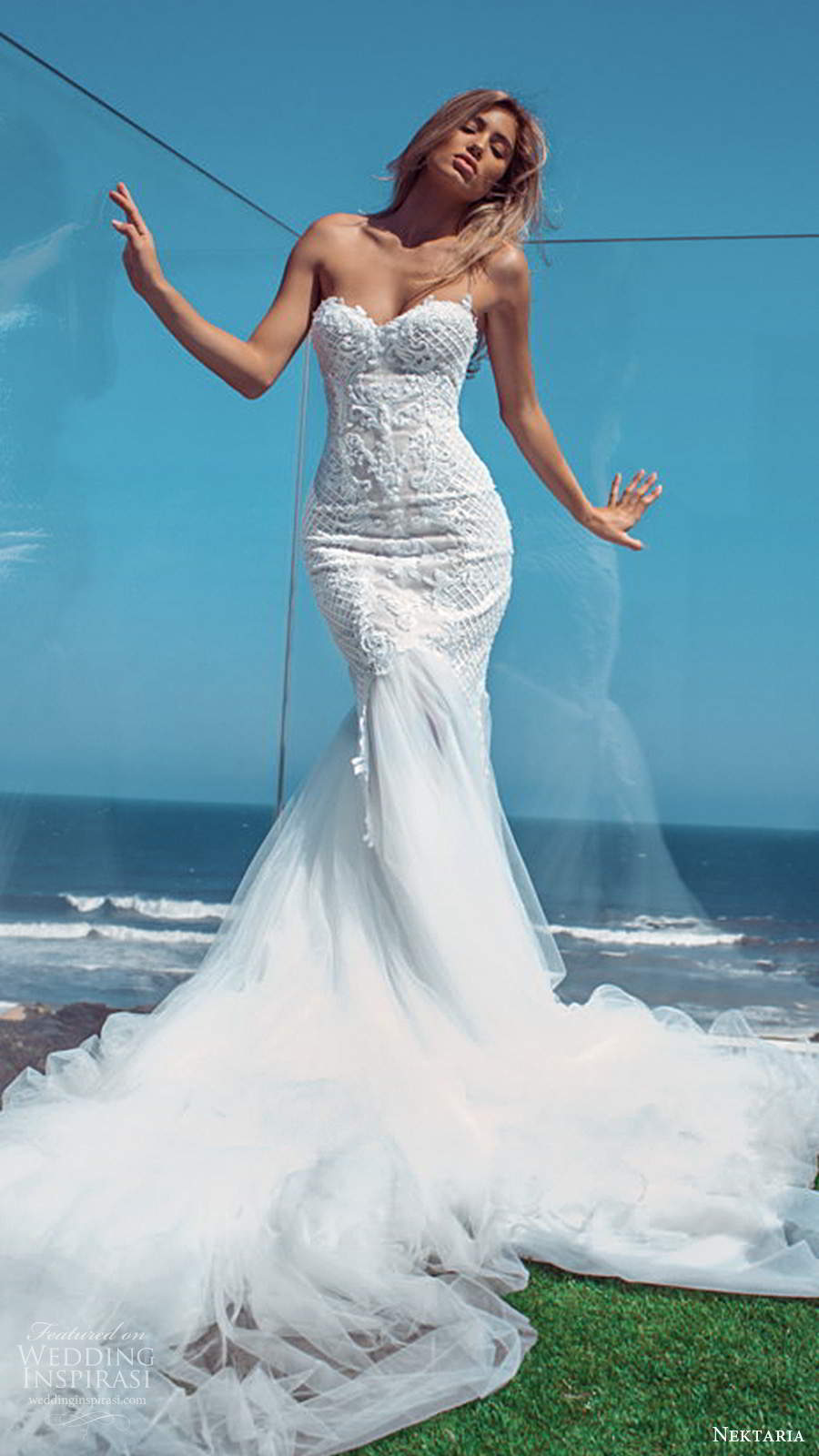 nektaria 2020 bridal strapless sweetheart heavily embellished bodice fit flare mermaid wedding dress chapel train (16) mv