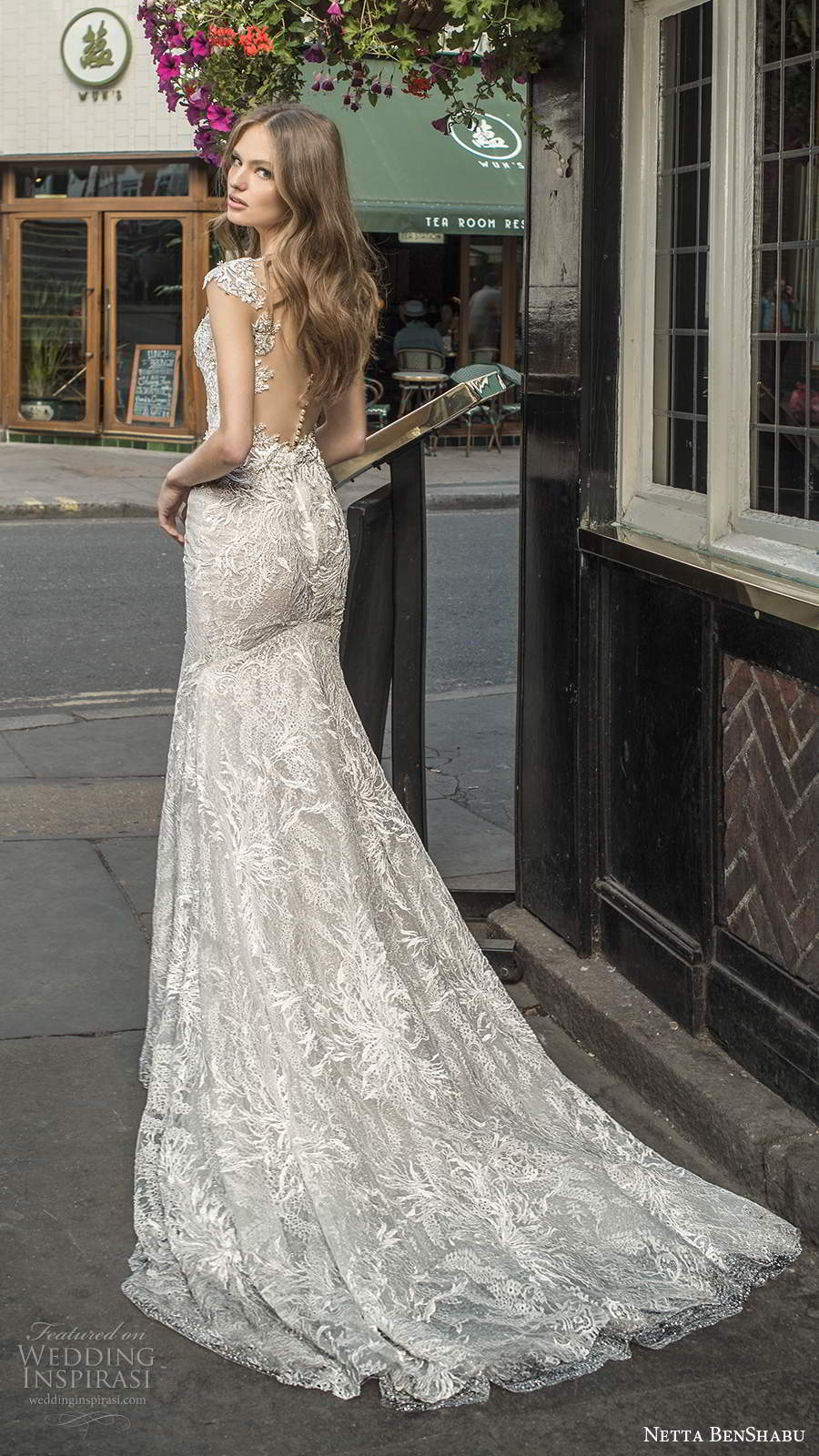 netta benshabu fall 2020 bridal cap sleeves plunging sweetheart neckline fully embellished fit flare sheath wedding dress illusion back chapel train (6) bv netta benshabu fall 2020 bridal cap sleeves plunging sweetheart neckline fully embellished fit flare sheath wedding dress illusion back chapel train (6) bv