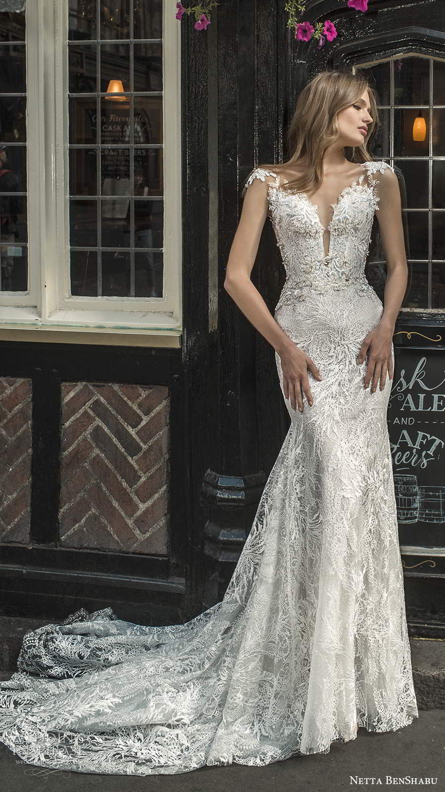 netta benshabu fall 2020 bridal cap sleeves plunging sweetheart neckline fully embellished fit flare sheath wedding dress illusion back chapel train (6) mv netta benshabu fall 2020 bridal cap sleeves plunging sweetheart neckline fully embellished fit flare sheath wedding dress illusion back chapel train (6) mv