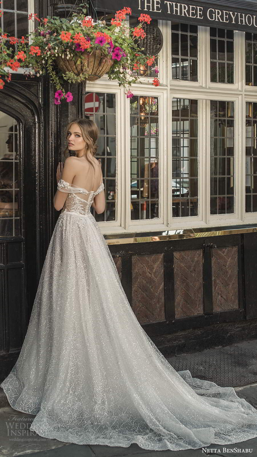 netta benshabu fall 2020 bridal off shoulder illusion sleeves sweetheart neckline fully embellished a line ball gown wedding dress sheer back chapel train (4) bv