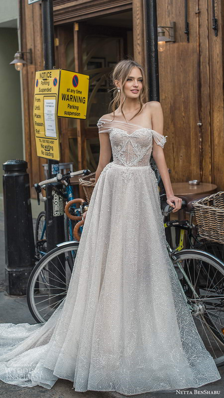 netta benshabu fall 2020 bridal off shoulder illusion sleeves sweetheart neckline fully embellished a line ball gown wedding dress sheer back chapel train (4) fv