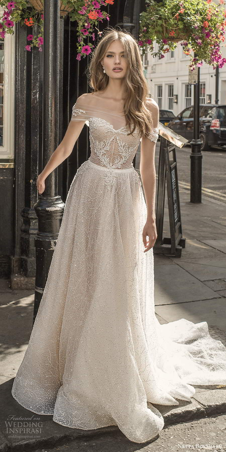 netta benshabu fall 2020 bridal off shoulder illusion sleeves sweetheart neckline fully embellished a line ball gown wedding dress sheer back chapel train (4) mv