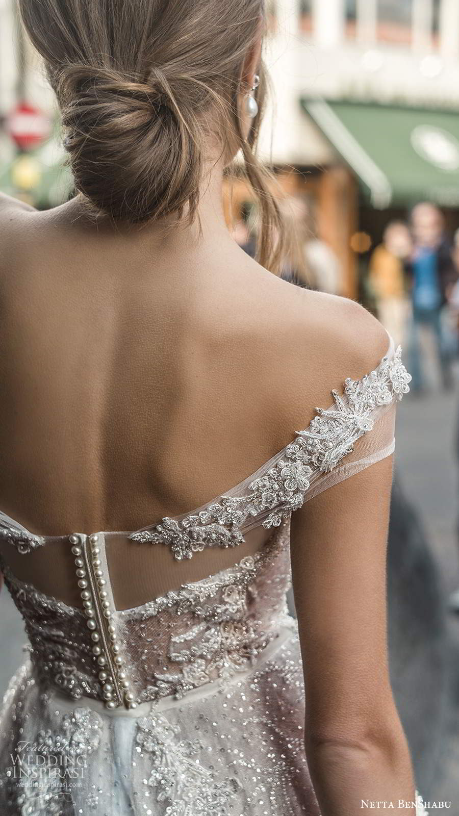 netta benshabu fall 2020 bridal off shoulder illusion sleeves sweetheart neckline fully embellished a line ball gown wedding dress sheer back chapel train (4) zbv