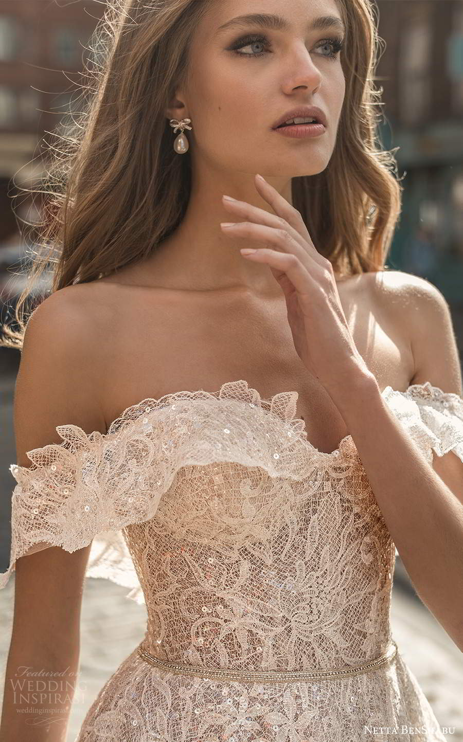 netta benshabu fall 2020 bridal off shoulder short sleeve sweetheart neckline fully embellished a line ball gown wedding dress chapel train (2) zv