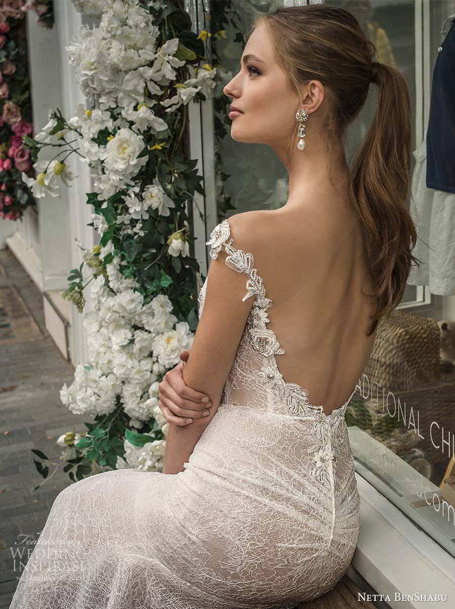 netta benshabu fall 2020 bridal off shoulder straps sweetheart neckline heavily embellished bodice lace fit flare mermaid sheath wedding dress chapel train (13) bv