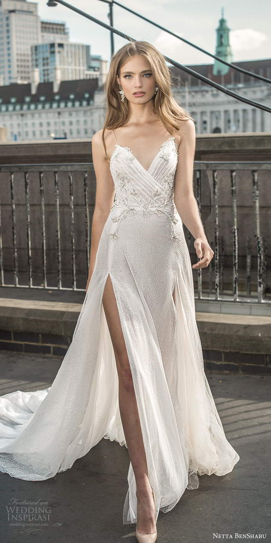 netta benshabu fall 2020 bridal sleeveless thin straps surplice v neckline embellished ruched bodice a line wedding dress slit skirt chapel train (11) mv