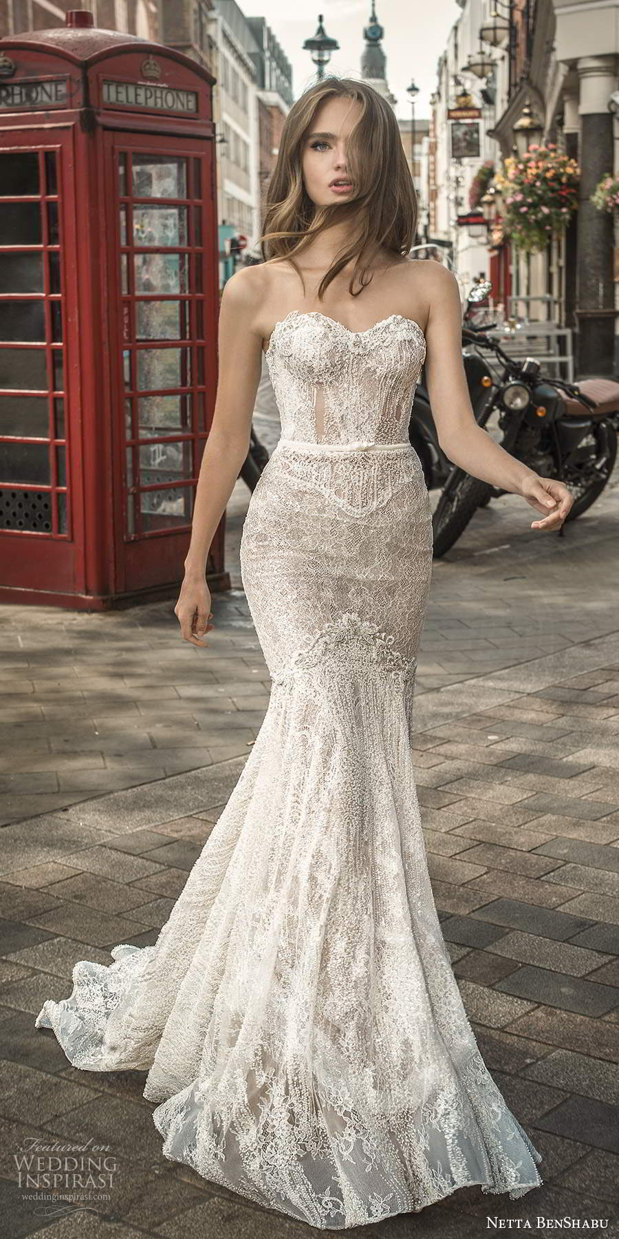 netta benshabu fall 2020 bridal strapless sweetheart fully embellished lace fit flare mermaid wedding dress chapel train (12) mv