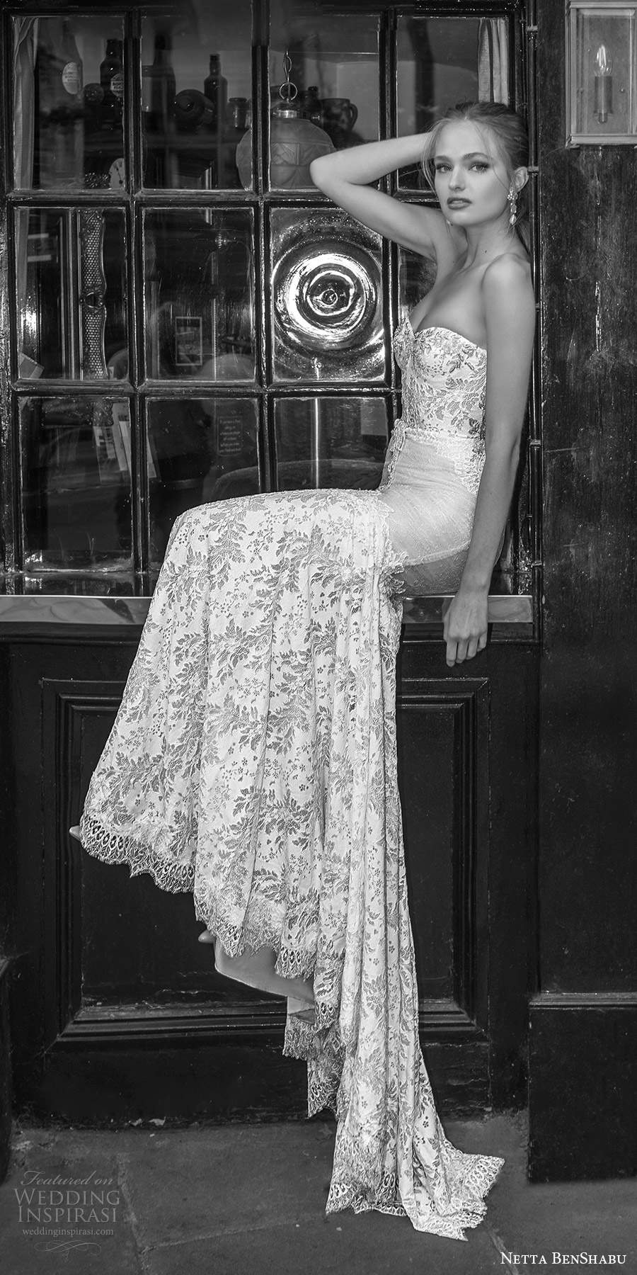 netta benshabu fall 2020 bridal strapless sweetheart neckline embellished bodice fit flare mermaid wedding dress sheer back chapel train (1) sv