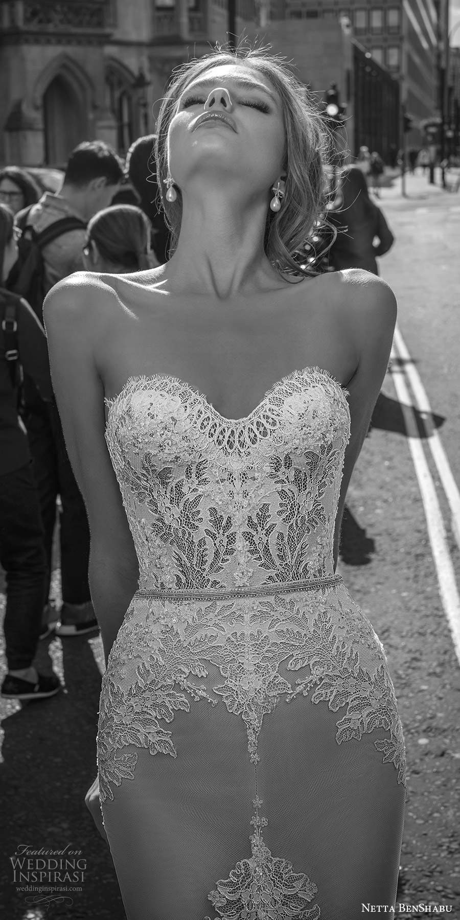 netta benshabu fall 2020 bridal strapless sweetheart neckline embellished lace fit flare wedding dress champagne chapel train (3) zv