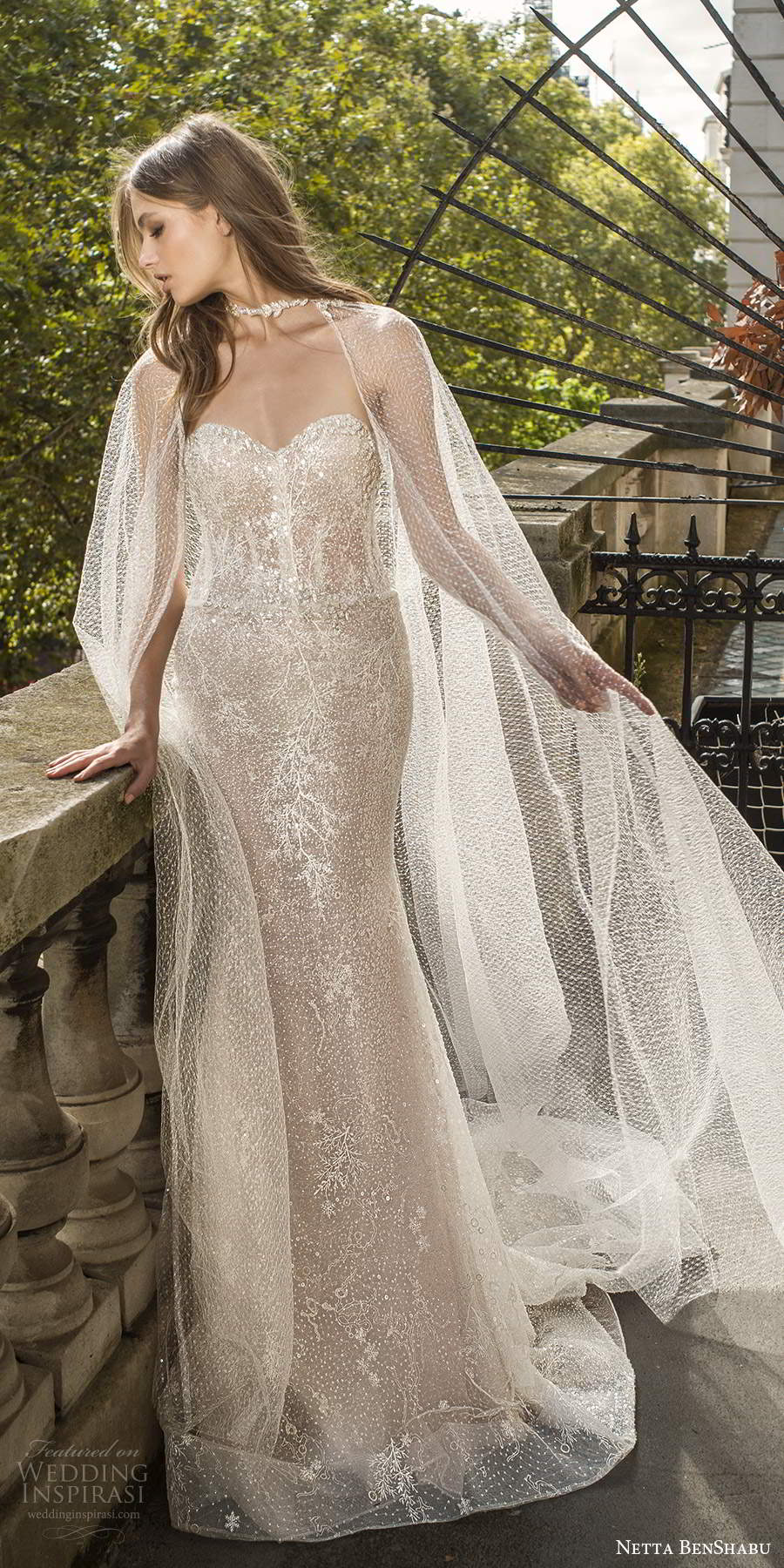 netta benshabu fall 2020 bridal strapless sweetheart neckline fully embellished glitzy mermaid sheath wedding dress chapel train sheer cape (8) mv netta benshabu fall 2020 bridal strapless sweetheart neckline fully embellished glitzy mermaid sheath wedding dress chapel train sheer cape (8) mv