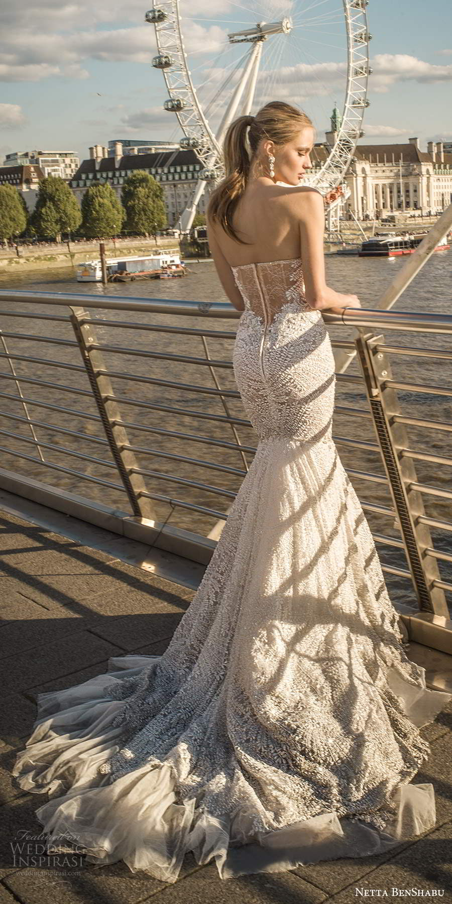 netta benshabu fall 2020 bridal strapless sweetheart neckline fully embellished lace fit flare mermaid wedding dress illusion back chapel train (7) bv