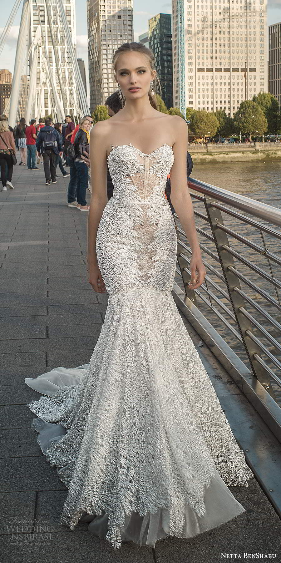 netta benshabu fall 2020 bridal strapless sweetheart neckline fully embellished lace fit flare mermaid wedding dress illusion back chapel train (7) mv