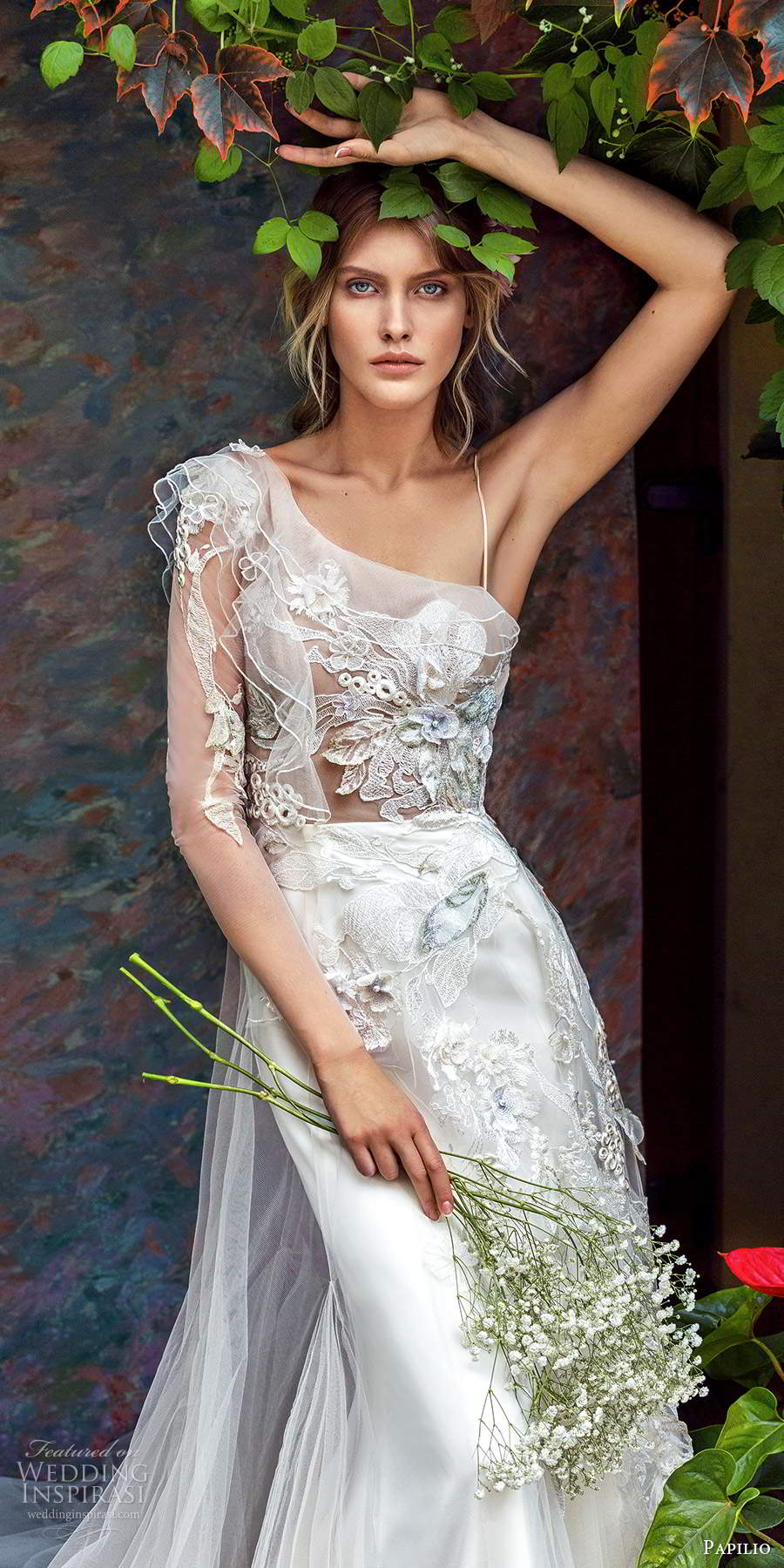 papilio 2020 preview bridal one shoulder long sleeves asymmetric neckline sheer bodice embellished a line wedding dress chapel train (2) zv