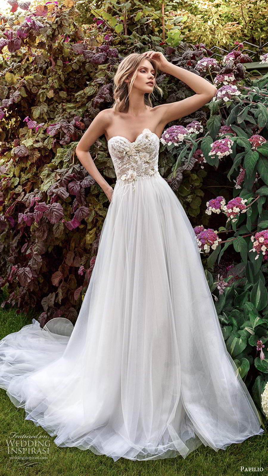 papilio 2020 preview bridal strapless sweetheart neckline embellished ruched bodice a line ball gown wedding dress chapel train (3) mv