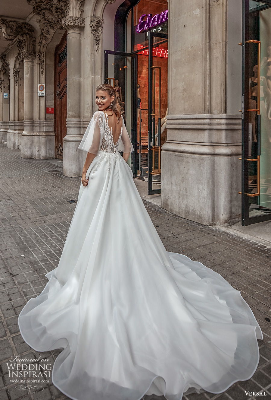 versal 2020 bridal half bell sleeves v neck heavily embellished bodice romantic a  line wedding dress backless v back chapel train (18) bv