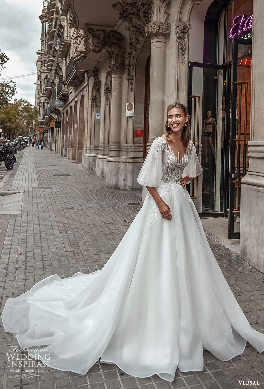 versal 2020 bridal half bell sleeves v neck heavily embellished bodice romantic a  line wedding dress backless v back chapel train (18) mv