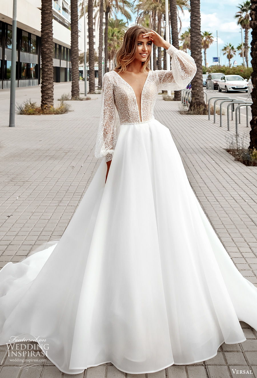 versal 2020 bridal long bishop sleeves deep plunging v neck heavily embellished bodice glamorous romanic a  line wedding dress backless v back royal train (6) mv