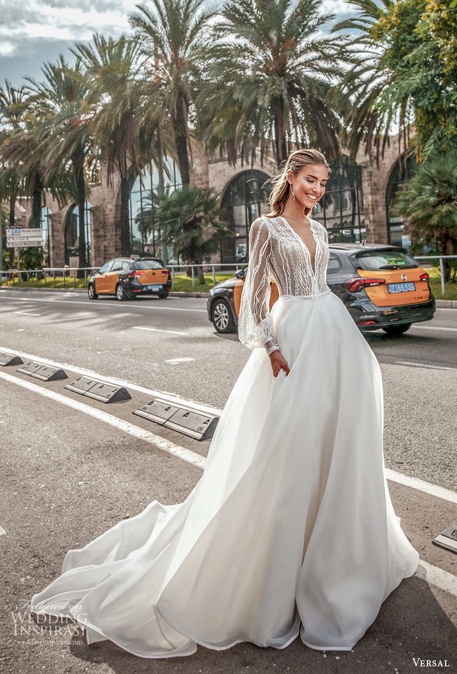 versal 2020 bridal long bishop sleeves deep v neck heavily embellished bodice romantic a  line wedding dress covered lace back chapel train (11) mv