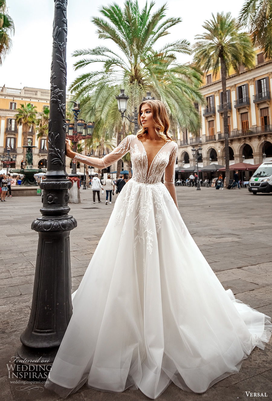 versal 2020 bridal long sleeves deep plunging v neck heavily embellished bodice romantic a  line wedding dress backless v back chapel train (10) mv