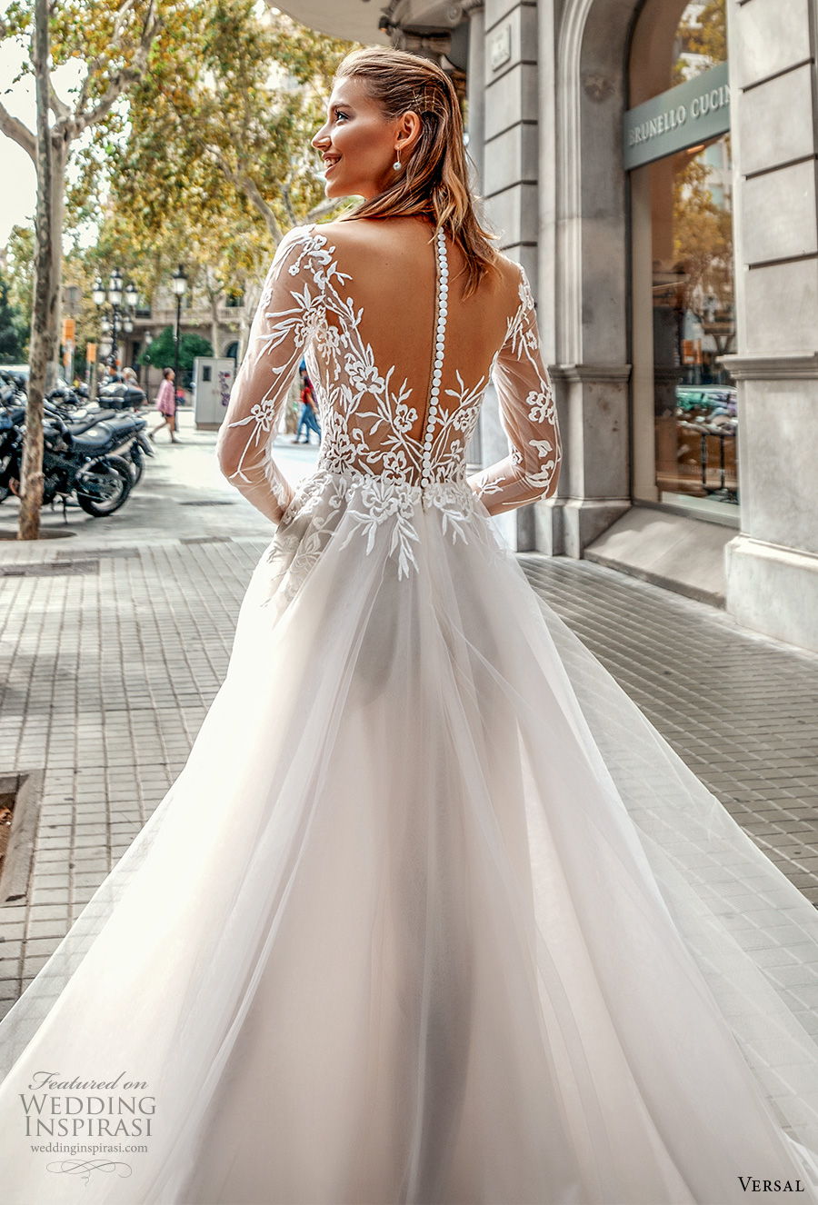 versal 2020 bridal long sleeves deep plunging v neck heavily embellished bodice romantic a  line wedding dress sheer button back chapel train (1) zbv