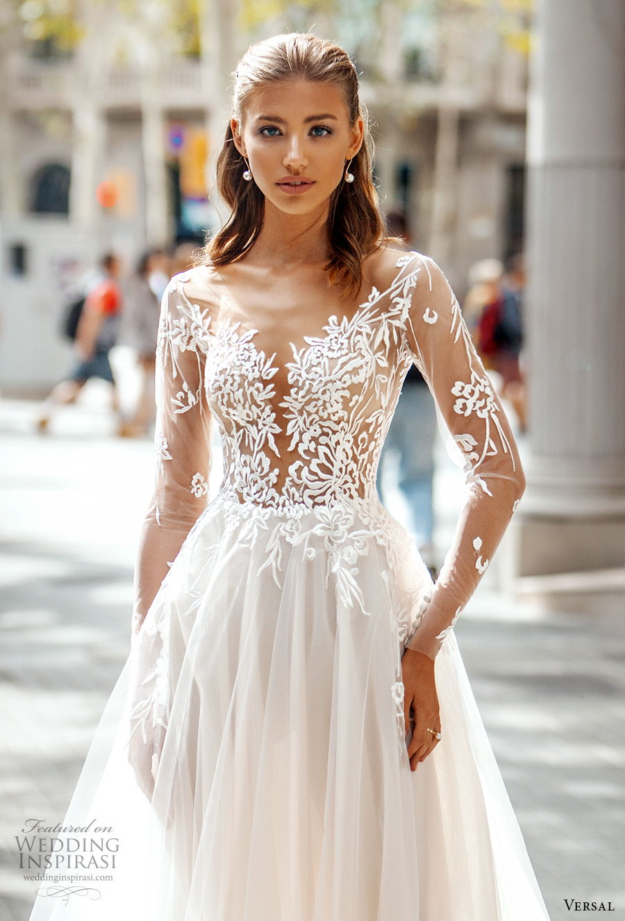 versal 2020 bridal long sleeves deep plunging v neck heavily embellished bodice romantic a  line wedding dress sheer button back chapel train (1) zv