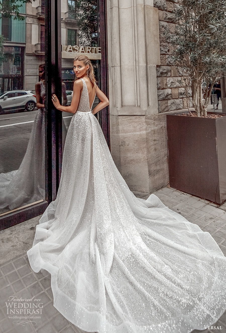 versal 2020 bridal sleeveless with strap deep plunging v neck full embellisment glitter glamorous a  line wedding dress backless v back chapel train (21) bv