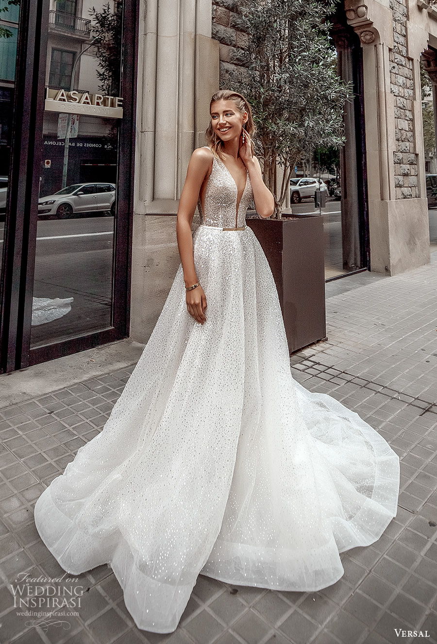 versal 2020 bridal sleeveless with strap deep plunging v neck full embellisment glitter glamorous a  line wedding dress backless v back chapel train (21) mv