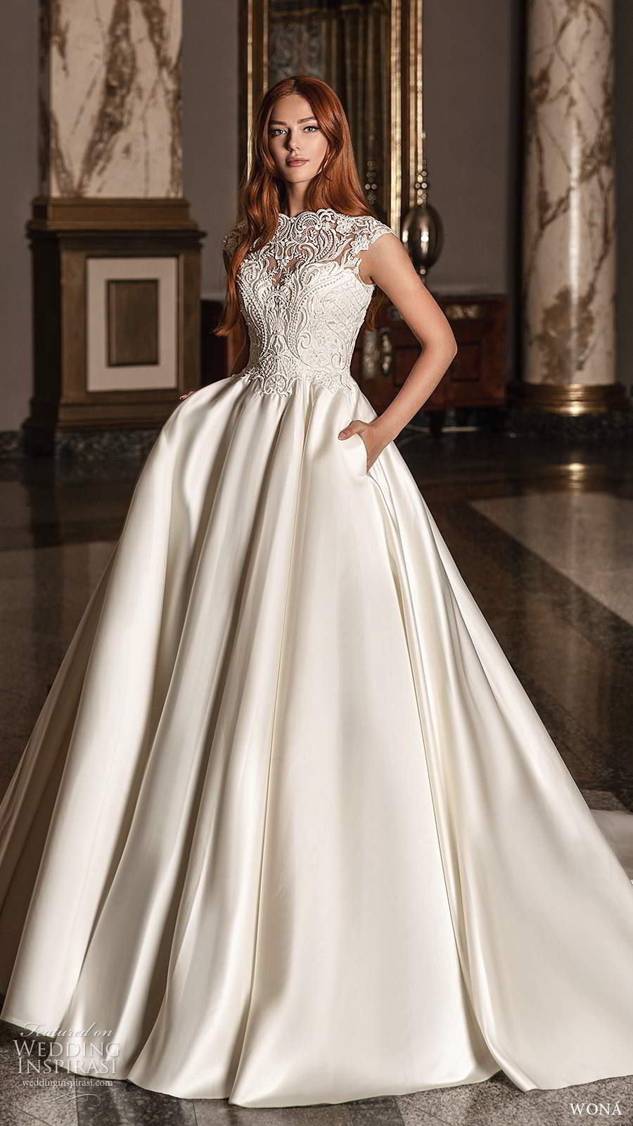 wona 2020 edem bridal illusion cap sleeves high neckline embellished bodice clean skirt a line ball gown wedding dress chapel train (3) mv