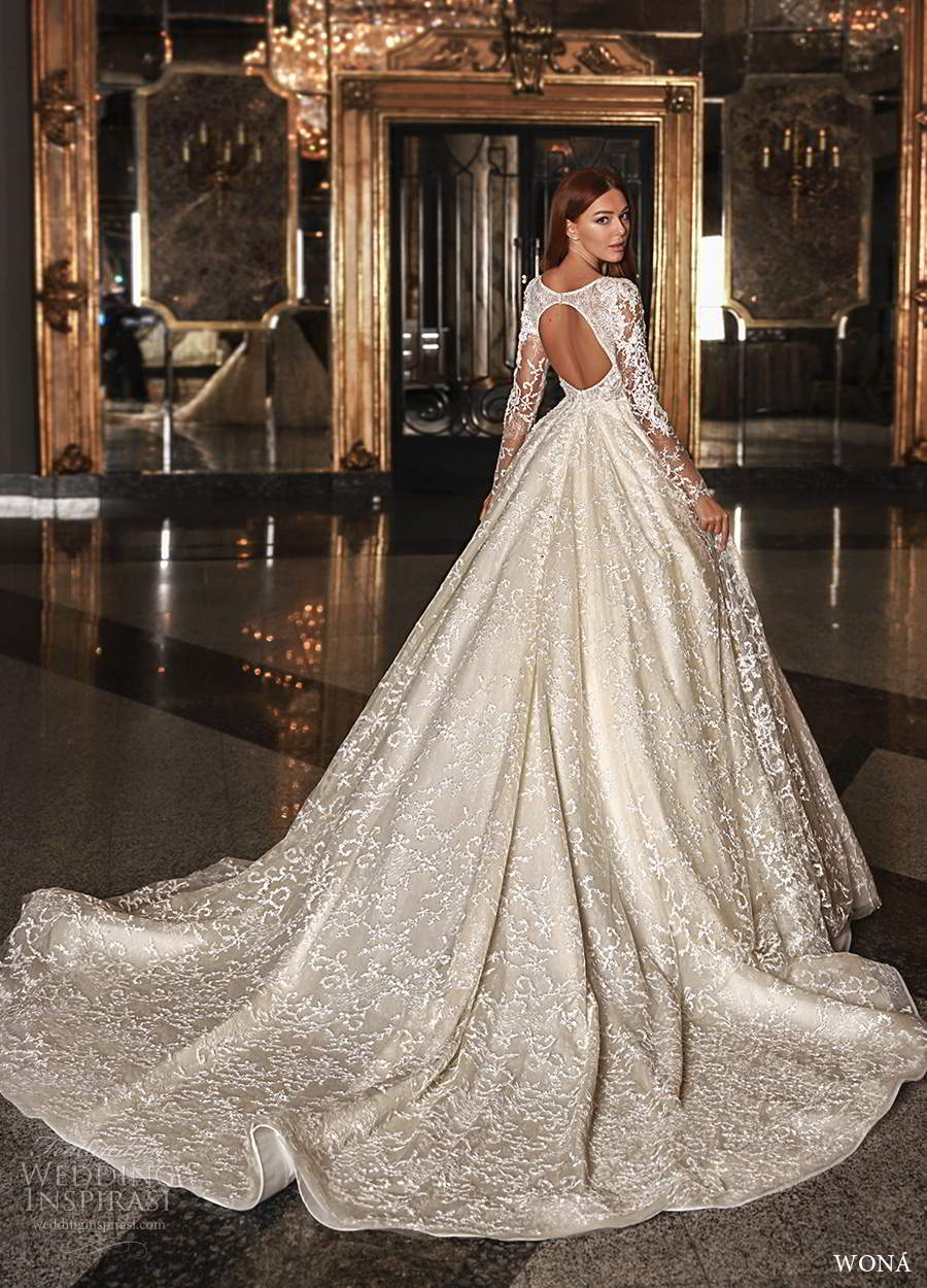 wona 2020 edem bridal illusion long sleeves plunging v neckline fully embellished a line ball gown wedding dress chapel train (1) bv