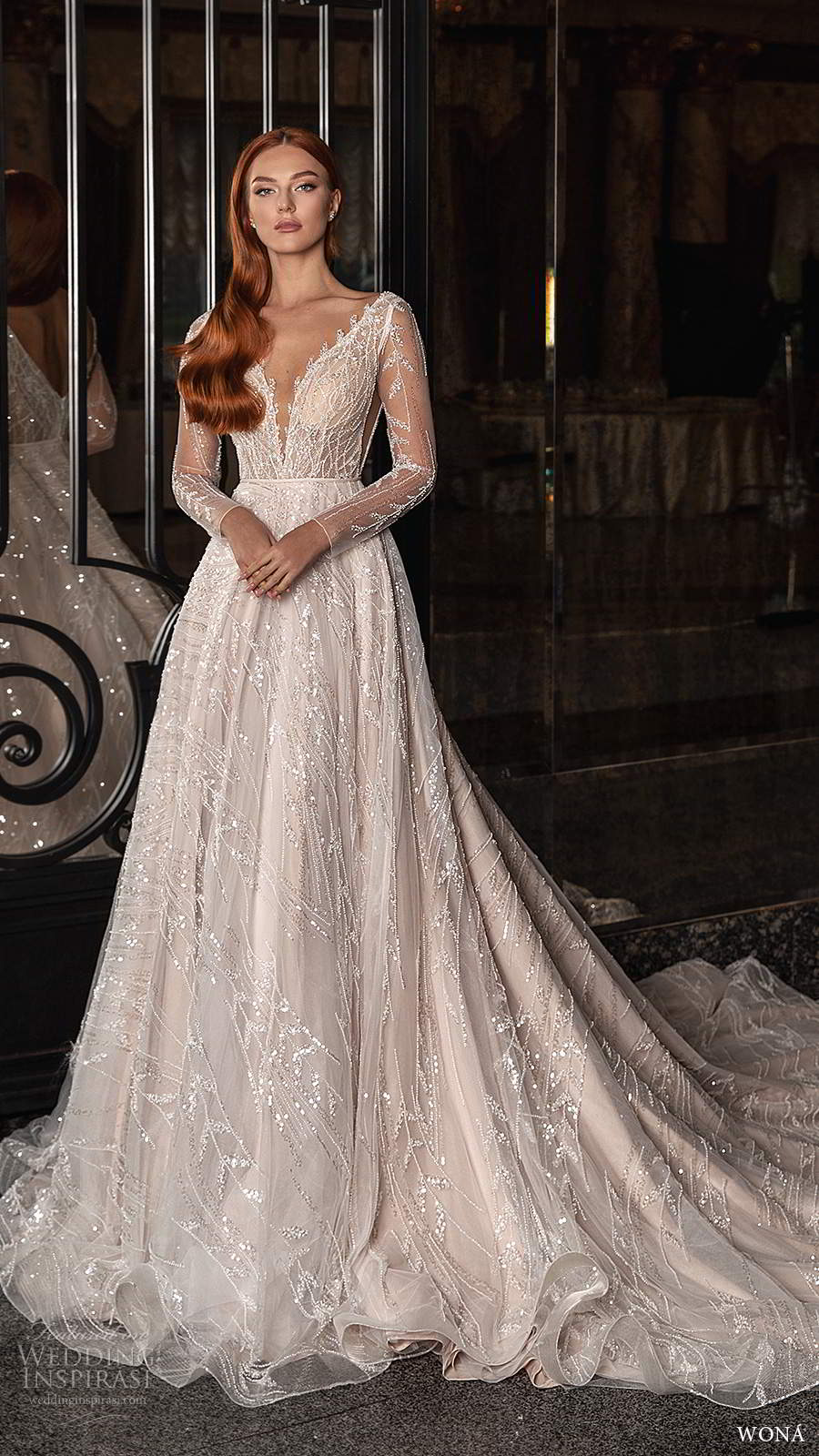 wona 2020 edem bridal illusion long sleeves plunging v neckline fully embellished a line ball gown wedding dress chapel train (11) mv