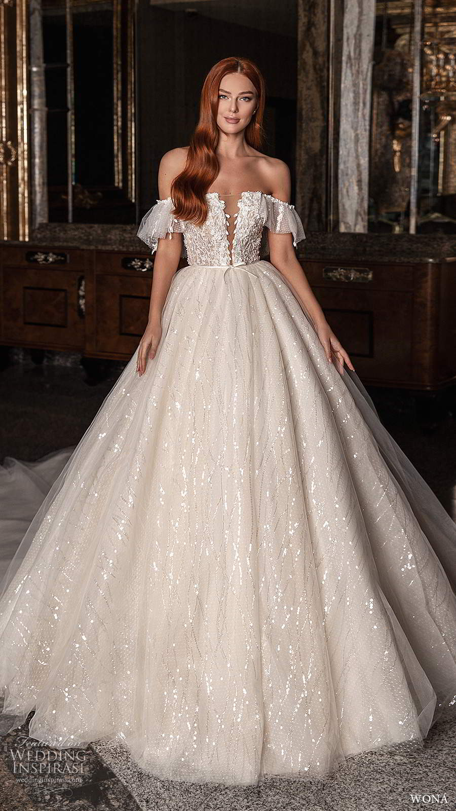 wona 2020 edem bridal off shoulder flutter sleeves plunging v neckline fully embellished a line ball gown wedding dress chapel train (6) mv