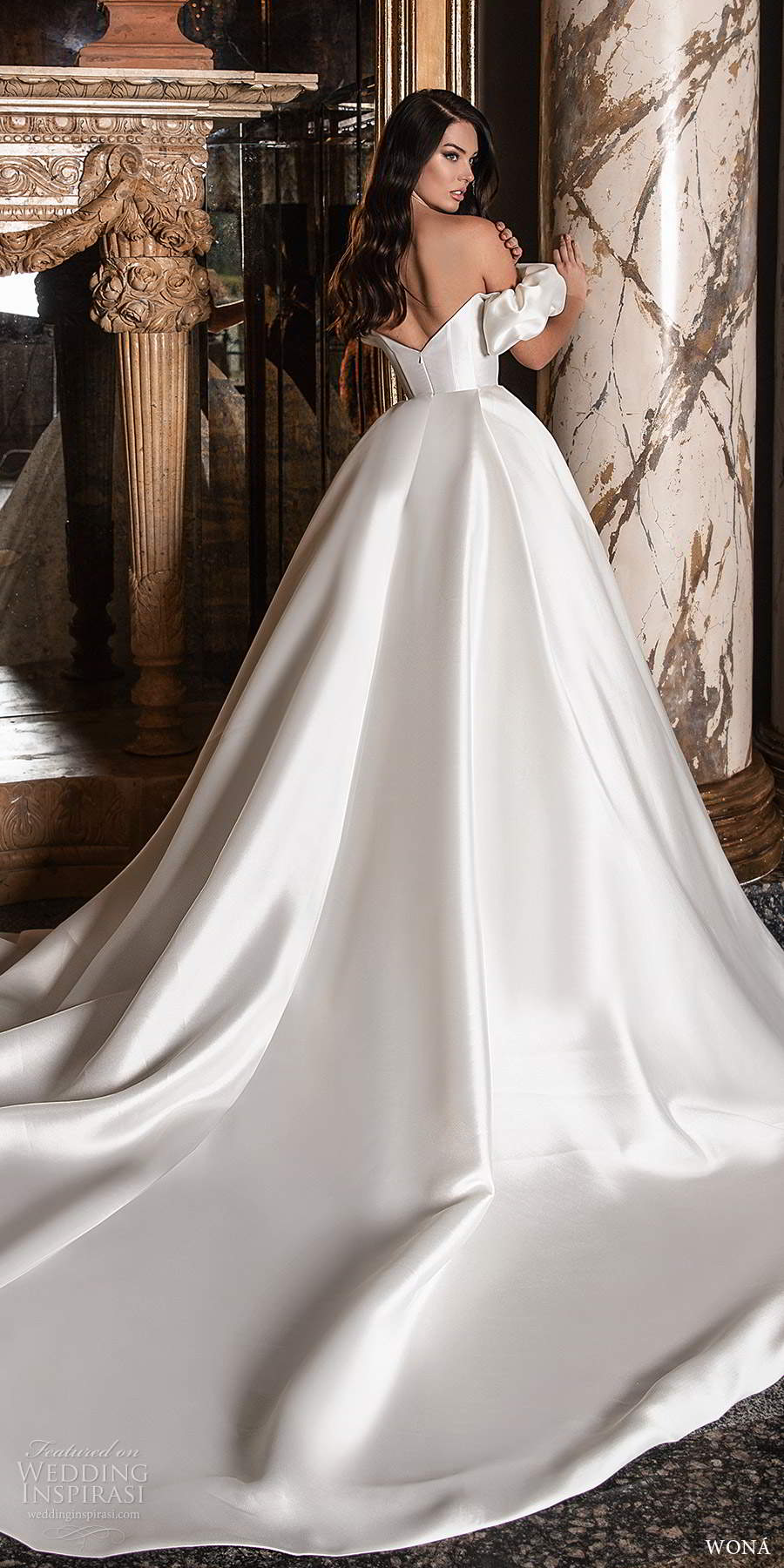 wona 2020 edem bridal off shoulder puff sleeves straight across neckline clean minimalist a line ball gown wedding dress cathedral train (15) bv