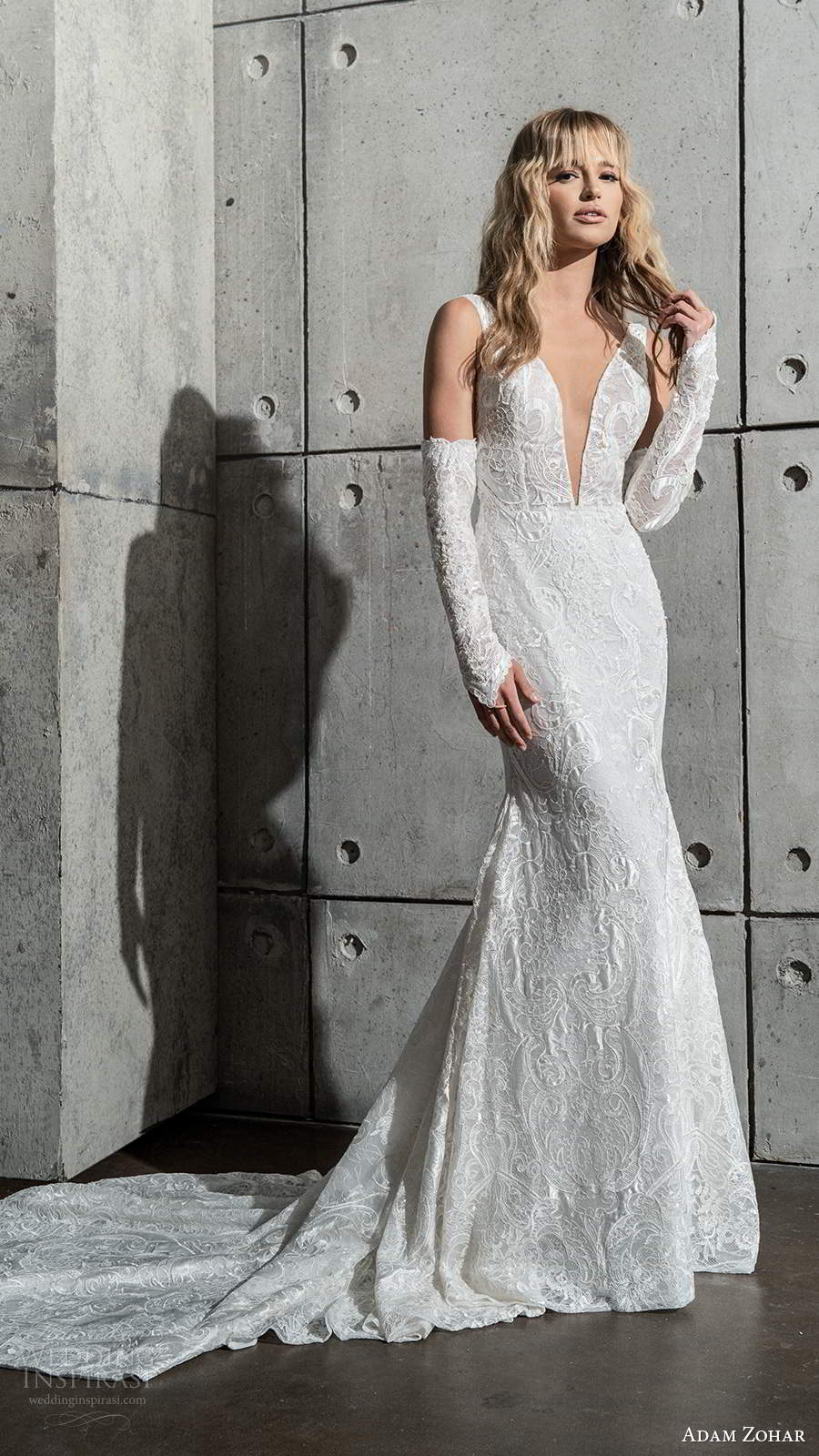 adam zohar 2021 bridal detached sleeves sleeveless thick straps plunging v neckline fully embellished fit flare sheath wedding dress chapel train (9) mv