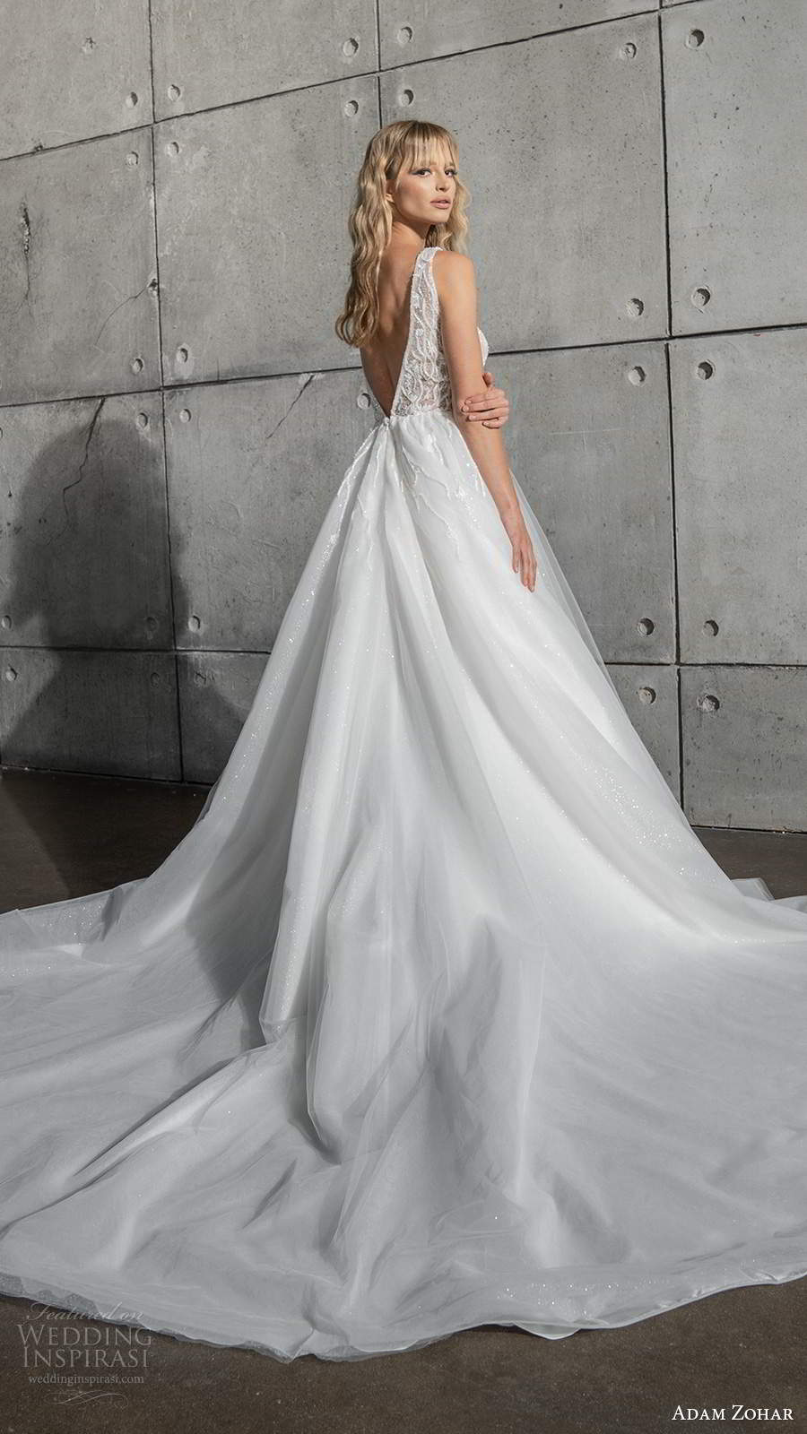 adam zohar 2021 bridal sleeveless straps plunging v neckline embellished bodice a line ball gown wedding dress v back chapel train (13) bv