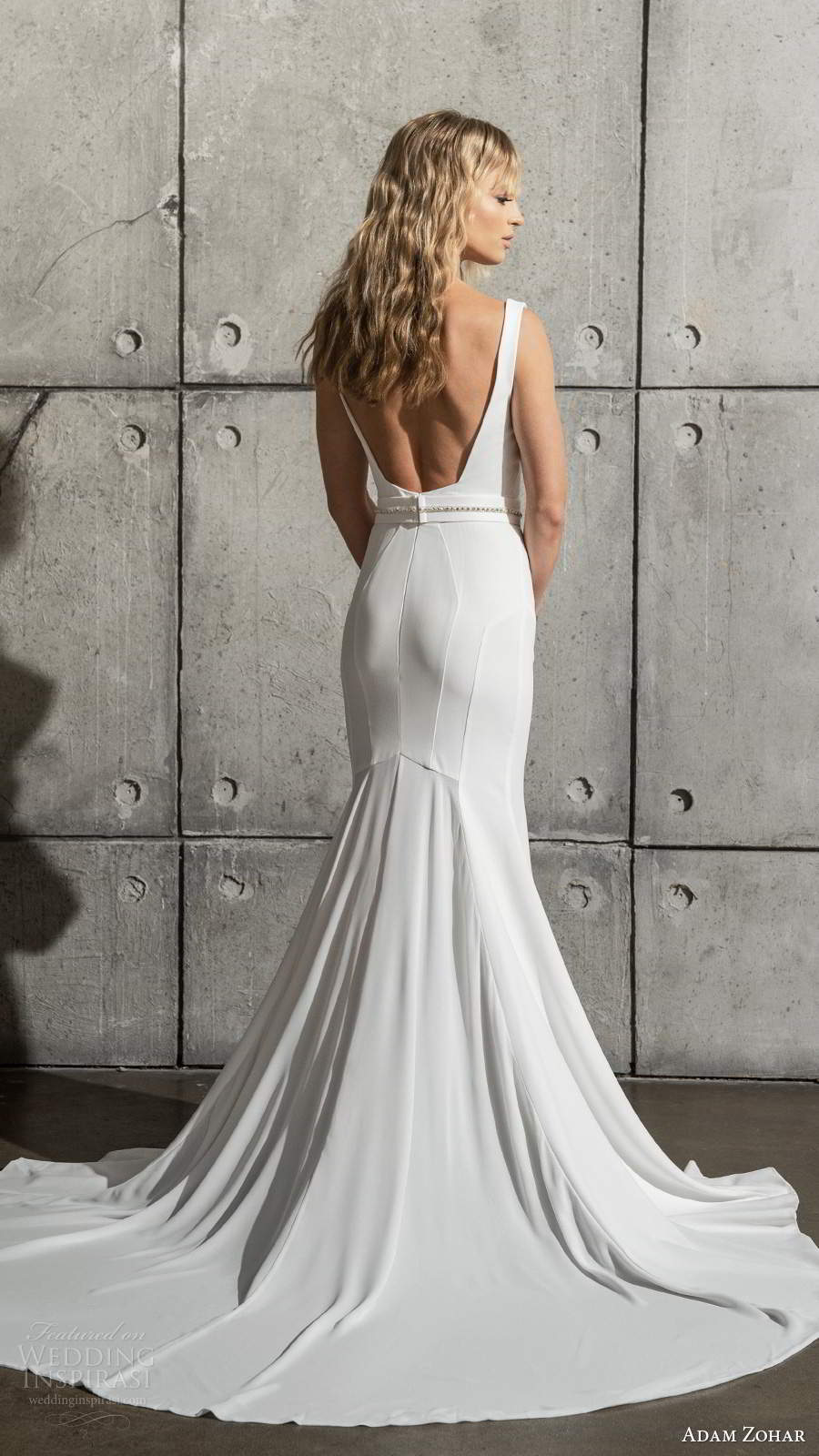 adam zohar 2021 bridal sleeveless thick straps square neckline clean minimally embellished fit flare mermaid wedding dress low back chapel train (2) bv