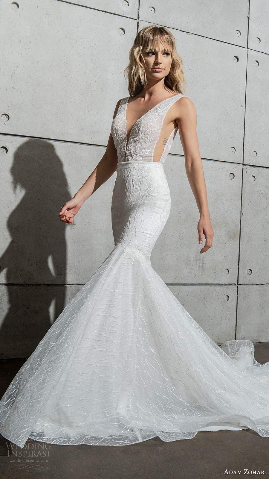 adam zohar 2021 bridal sleeveless thick straps v neckline side illusion cutout fully embellished fit flare mermaid wedding dress chapel train (12) mv