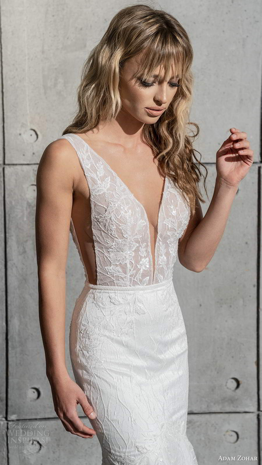 adam zohar 2021 bridal sleeveless thick straps v neckline side illusion cutout fully embellished fit flare mermaid wedding dress chapel train (12) zv