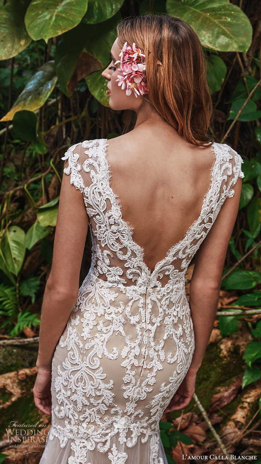 calla blanche fall 2020 bridal cap sleeves plunging v neckline fully embellished lace fit flare wedding dress chapel train (7) zbv