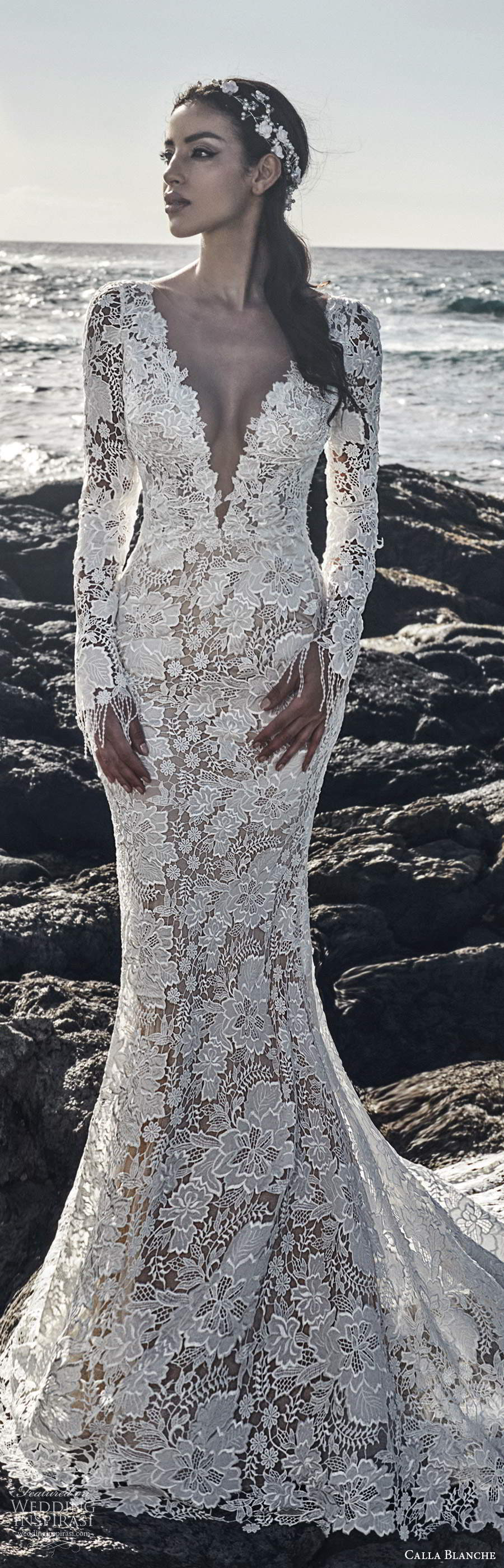 calla blanche fall 2020 bridal long sleeves plunging v neckline fully embellished lace sheath mermaid wedding dress chapel train (3) lv