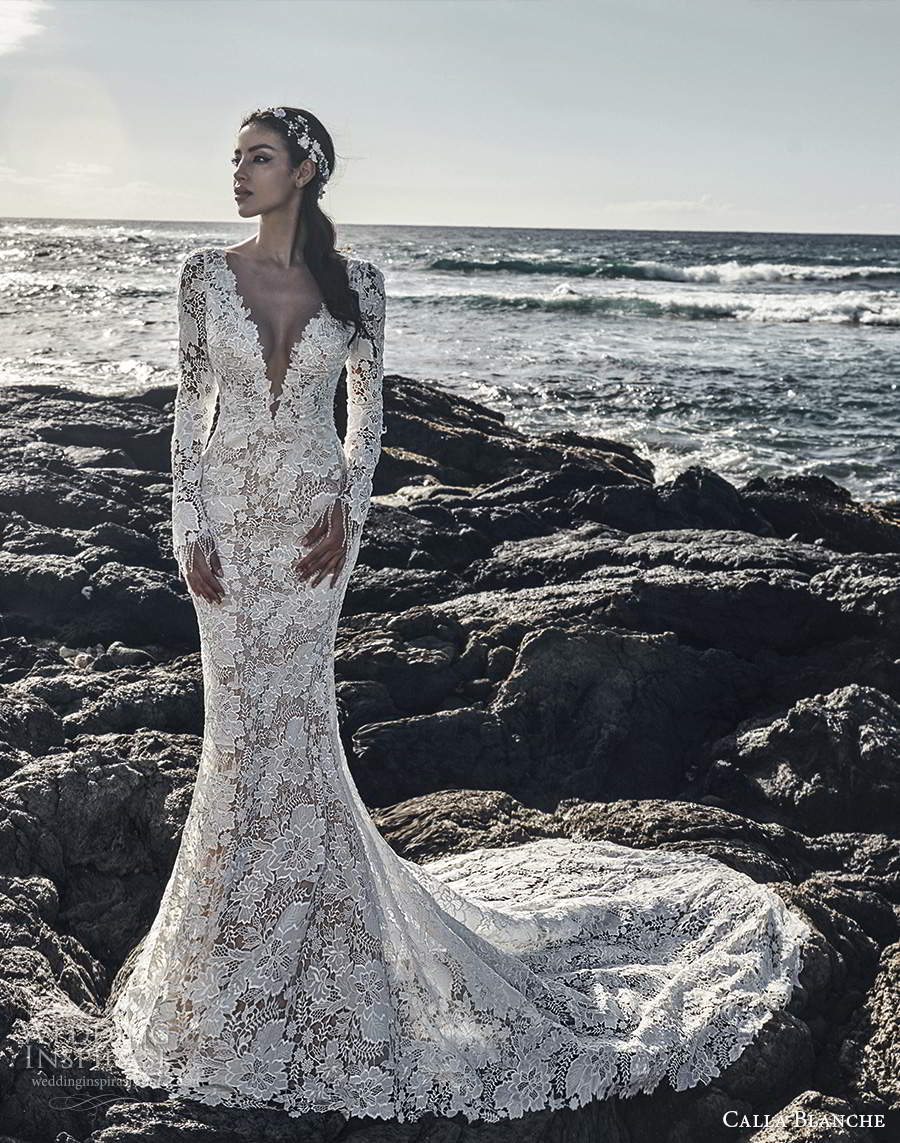 calla blanche fall 2020 bridal long sleeves plunging v neckline fully embellished lace sheath mermaid wedding dress chapel train (3) mv