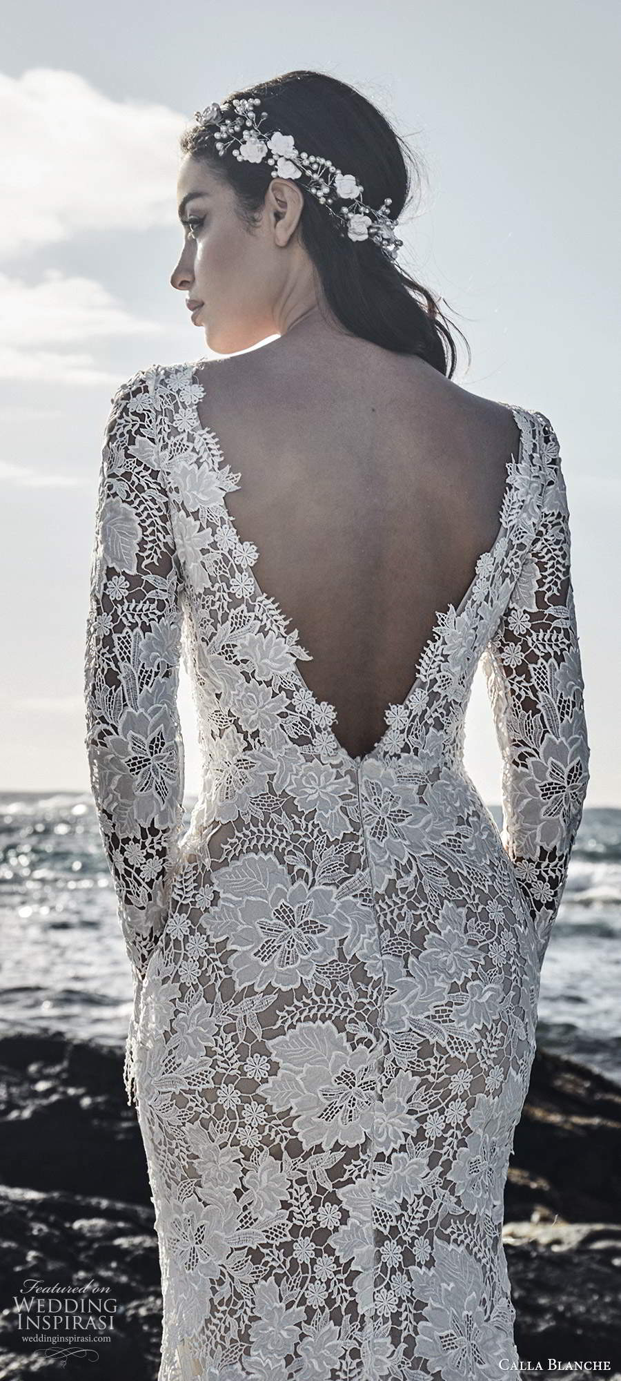 calla blanche fall 2020 bridal long sleeves plunging v neckline fully embellished lace sheath mermaid wedding dress chapel train (3) zv