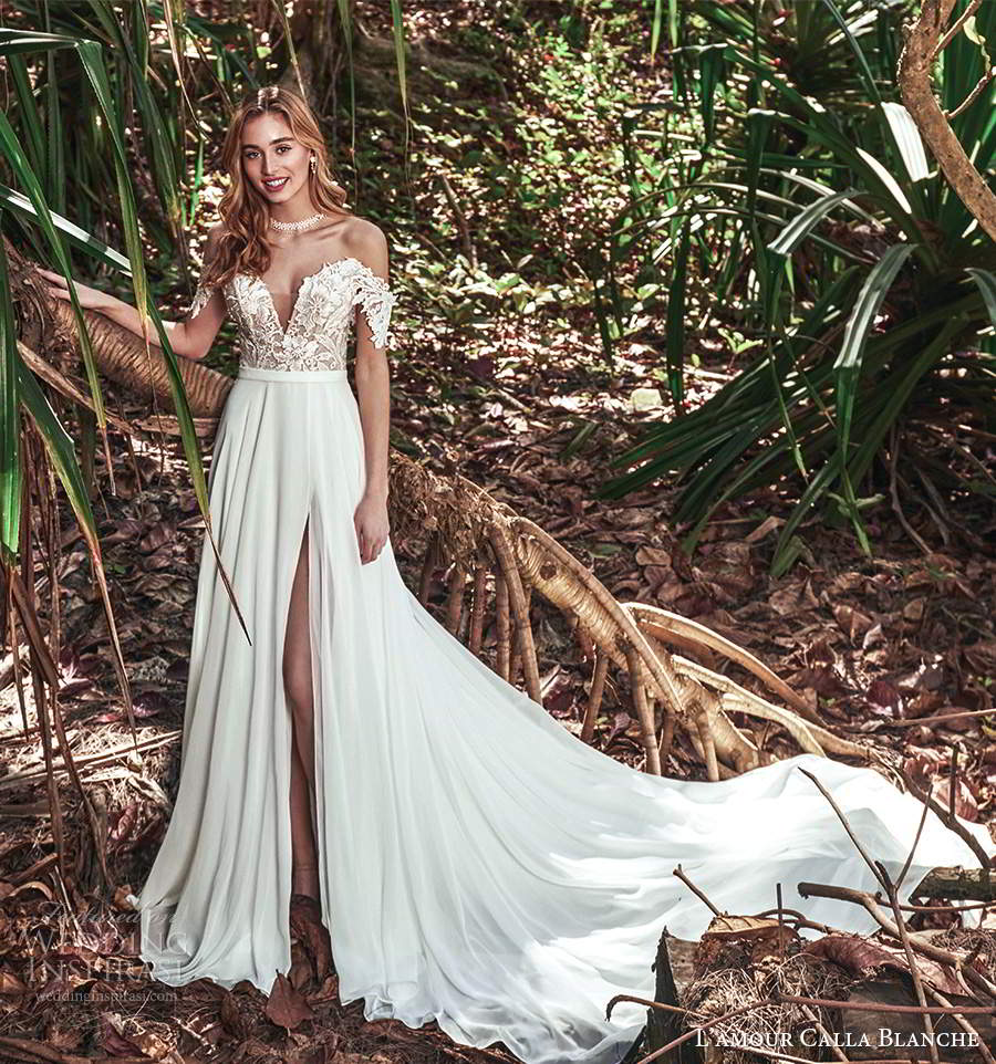 calla blanche fall 2020 bridal off shoulder straps plunging sweetheart neckline embellished bodice a line wedding dress clean slit skirt chapel train (10) mv