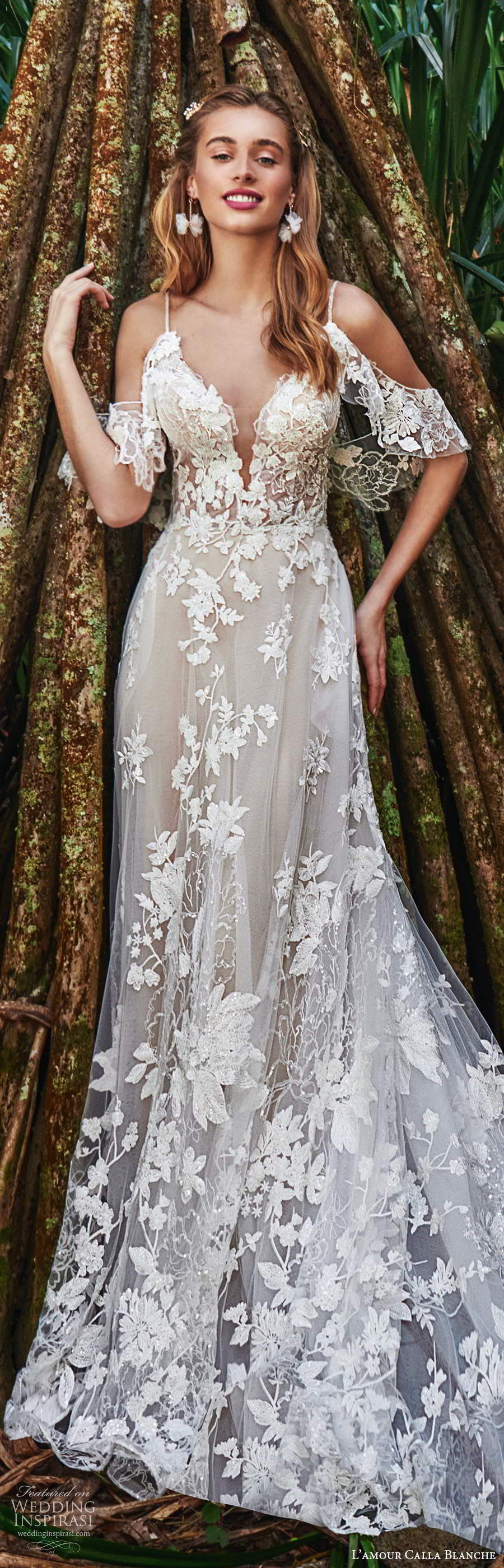 calla blanche fall 2020 bridal off shoulder straps plunging v necklie fully embellished a line ball gown wedding dress chapel train (6) lv