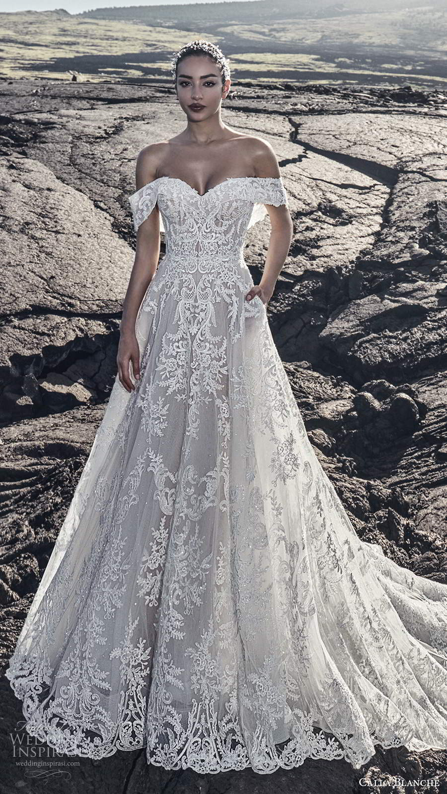 calla blanche fall 2020 bridal off shoulder straps sweetheart neckline fully embellished a line ball gown wedding dress chapel train (1) mv