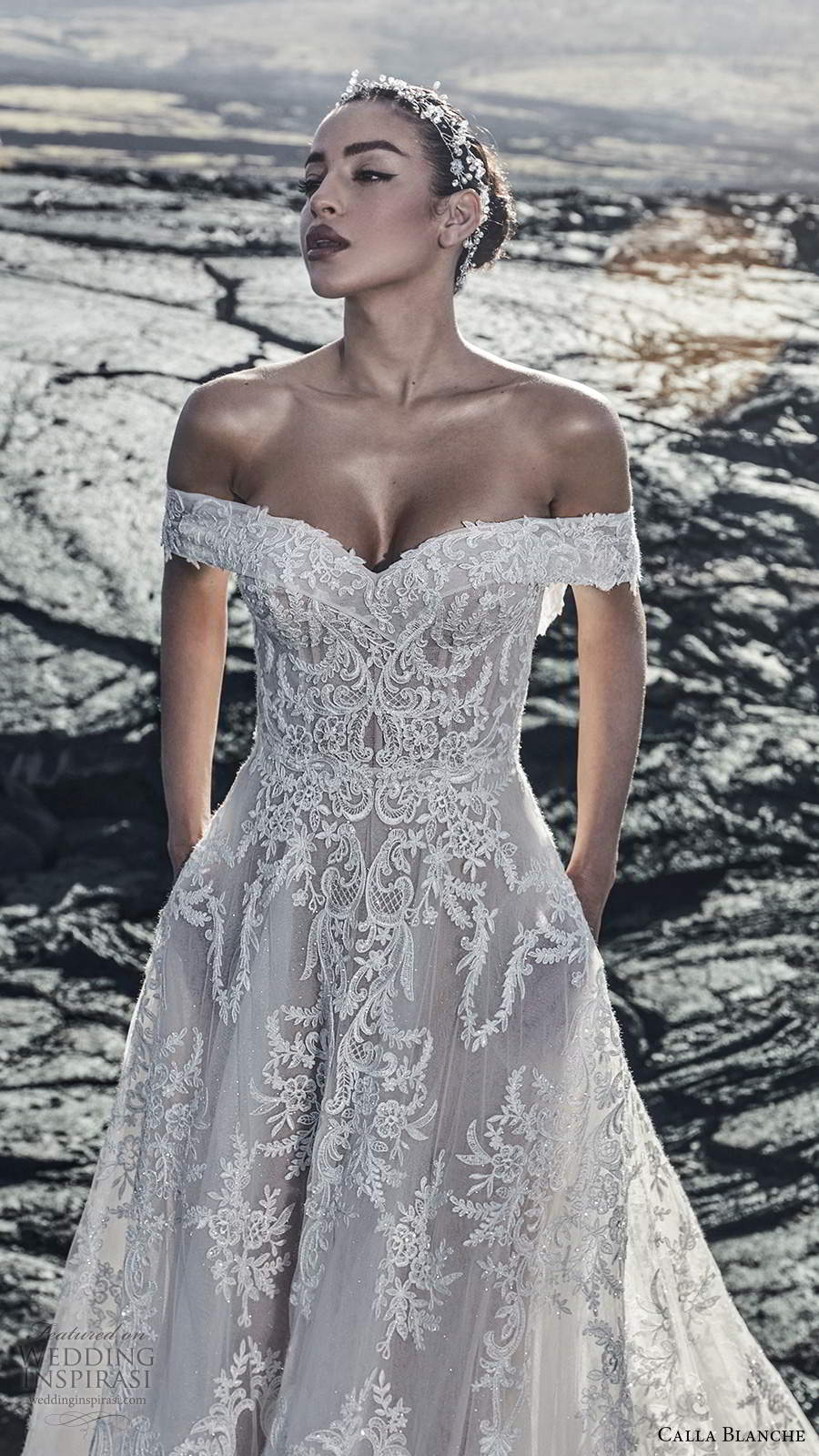 calla blanche fall 2020 bridal off shoulder straps sweetheart neckline fully embellished a line ball gown wedding dress chapel train (1) zv
