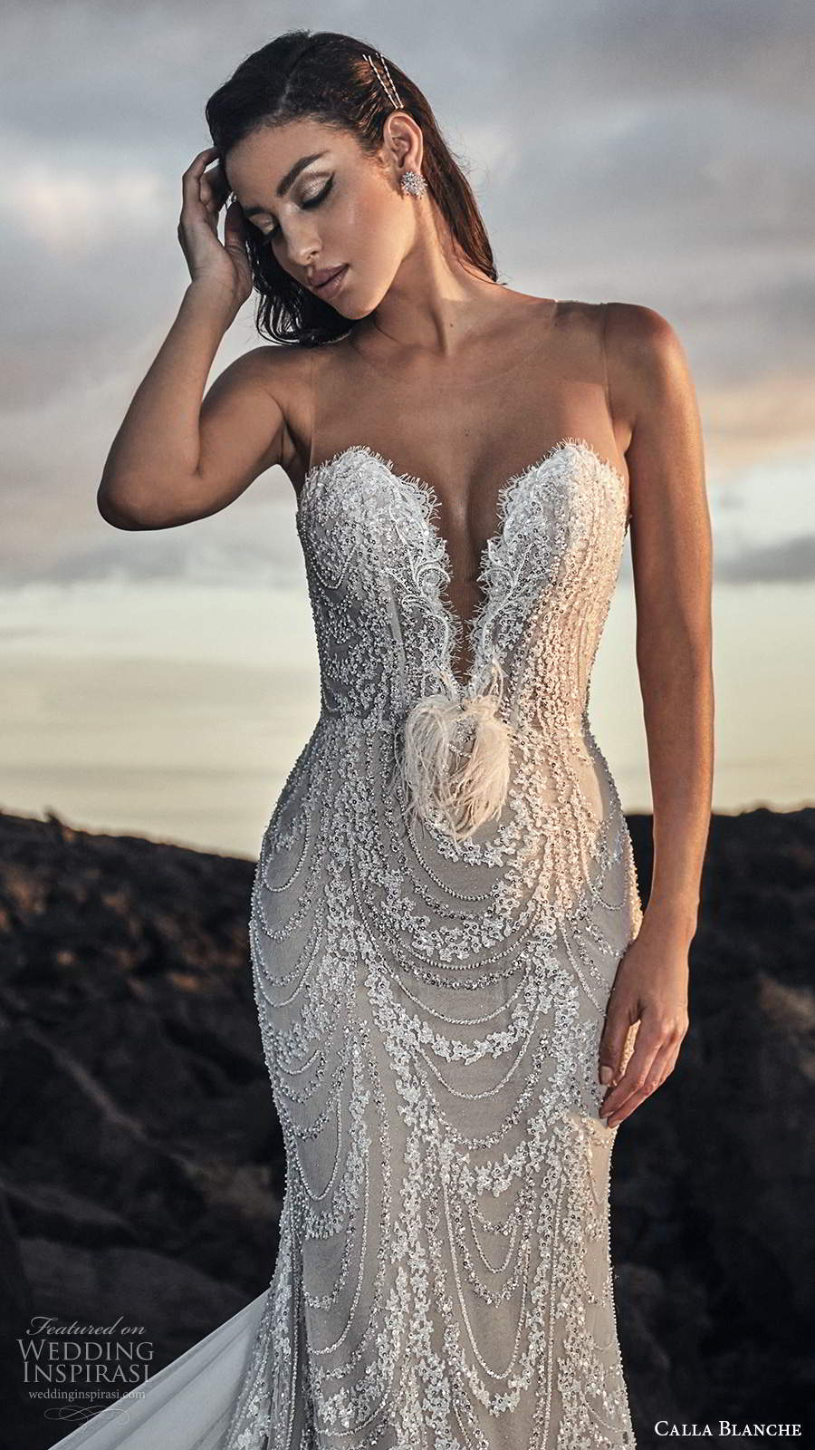 calla blanche fall 2020 bridal sleeveless illusion straps plunging sweetheart neckline fully embellished sheath wedding dress chapel train (5) mv