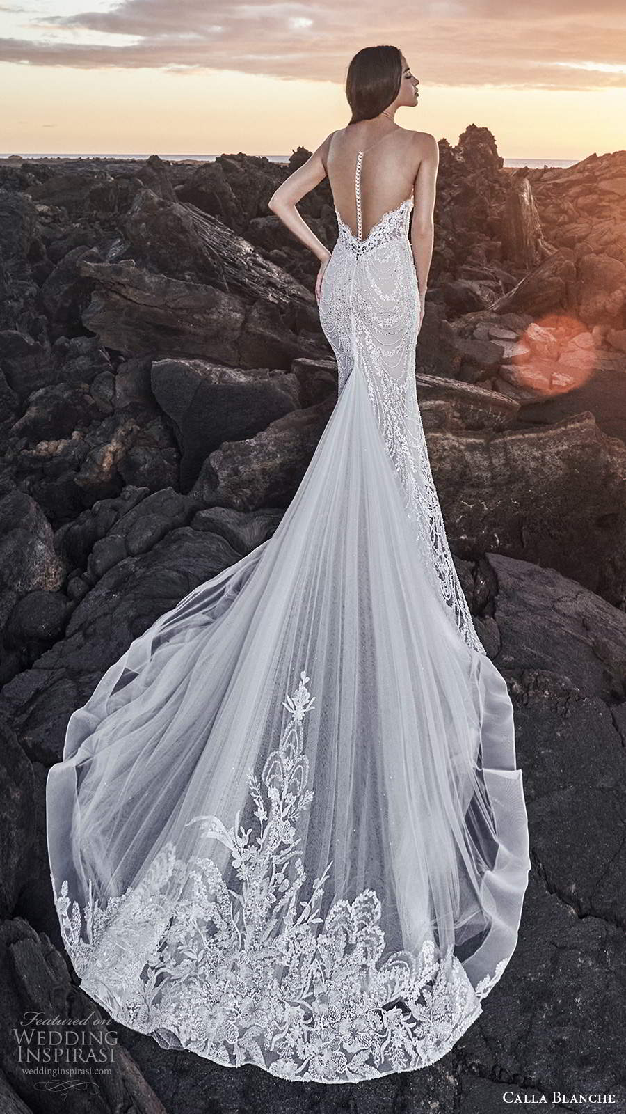 calla blanche fall 2020 bridal sleeveless illusion straps plunging sweetheart neckline fully embellished sheath wedding dress sheer back chapel train (5) bv